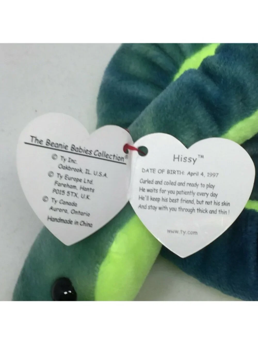 Ty Beanie Baby Hissy Snake Green Plush Stuffed Animal Retired W Tag April 4 1997